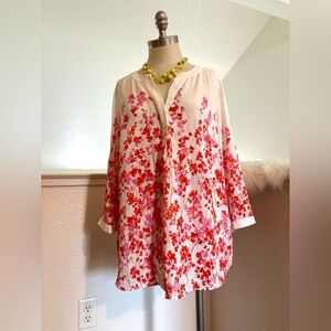 EUC X Talbots Ivory Pink Floral Lightweight Popover 3/4 Sleeve Tunic Blo…